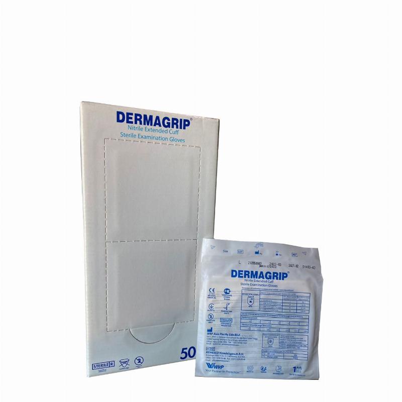 DERMAGRIP® Нітрилові з подовженою манжетою Оглядові Рукавички, Не містять латекс, Неопудрені, Стерильні